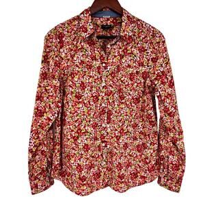 Talbots Sz 12P Petites Red Floral Long Sleeve Cotton Blouse Shirt Top Summer
